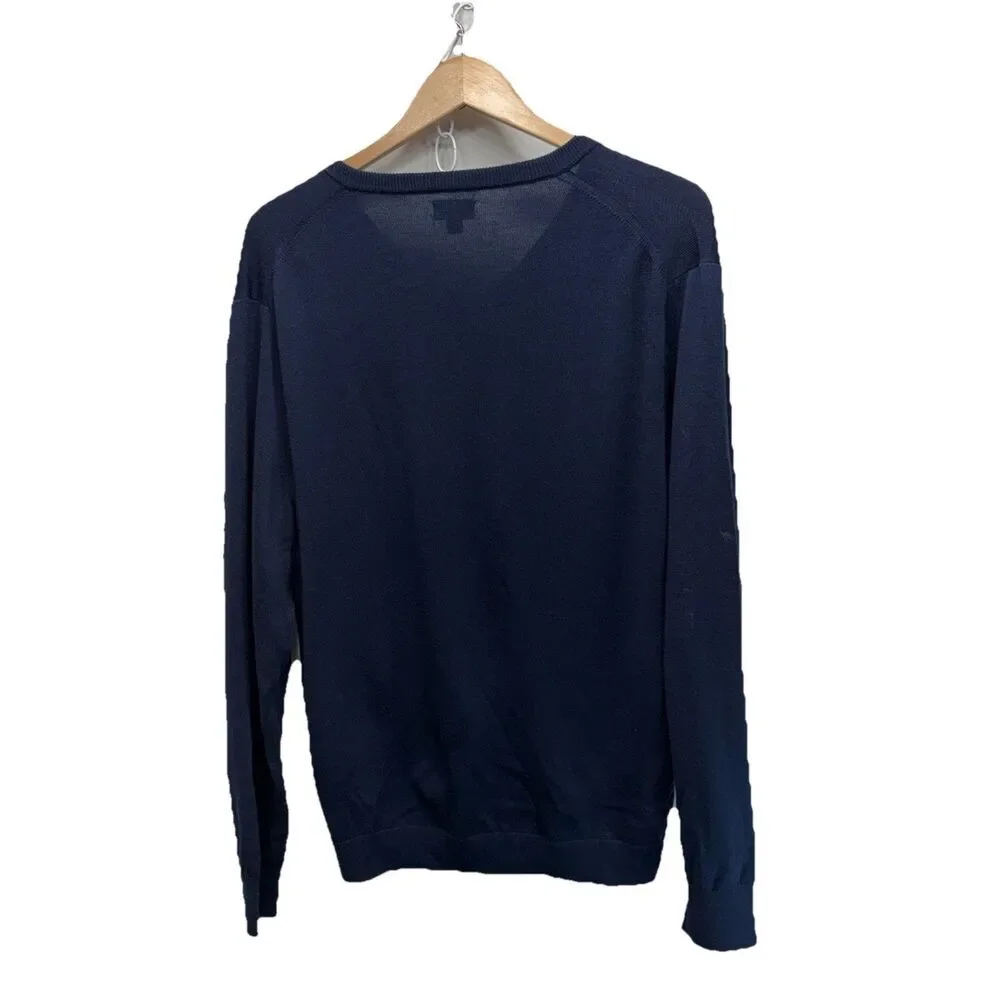 J. Crew Mens Large Merino Wool V-Neck Sweater Navy Blue Pullover Knit Preppy